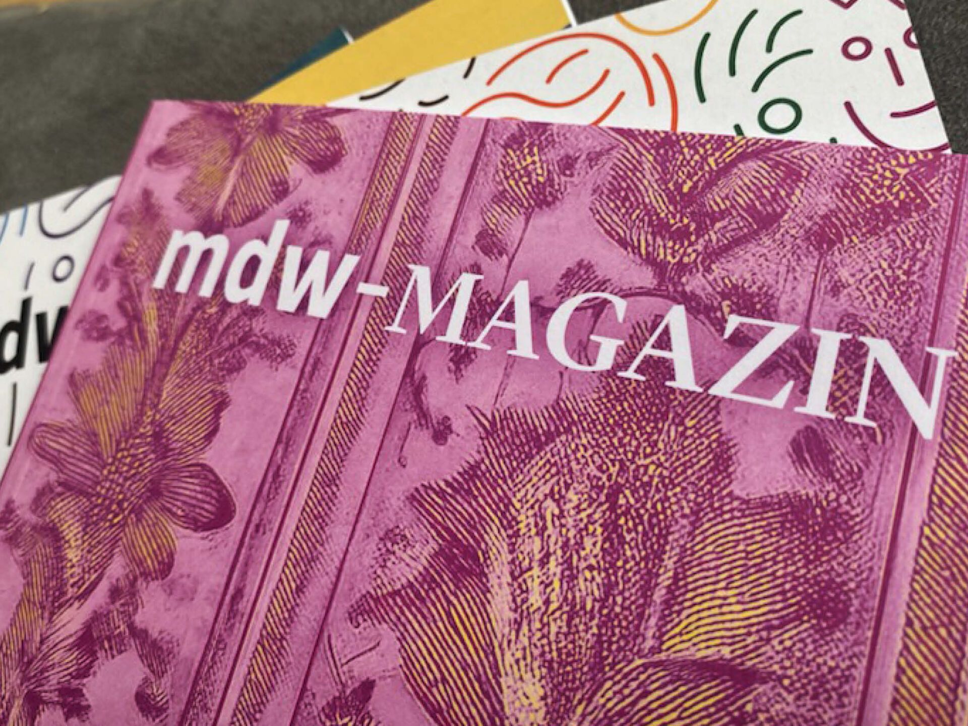Der Schriftzug des mdw-magazin auf einer rose-gemusterten Ausgabe des Hefts. Darunter liegen weitere Ausgaben.