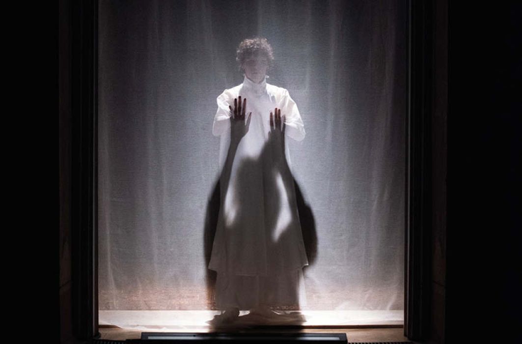 Hinter einem semitransparenten Vorhang steht eine Figur mit einem weißen Kleid und Locken, der Schatten auf dem Vorhang greift nach ihr.